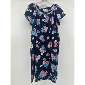 Aria Collection Womens Blue Floral Cotton Nightgown L Smocked Lace Cottagecore